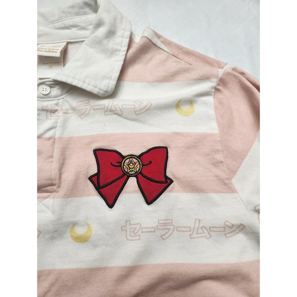 Sailor Moon Polo Shirt Womens XL Pink Stripe Long Sleeve BoxLunch Anime Cosplay